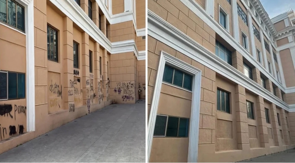 nizami-kino-merkezinin-yazilarla-korlanmish-fasadinin-ilkin-gorunushu-berpa-olunub